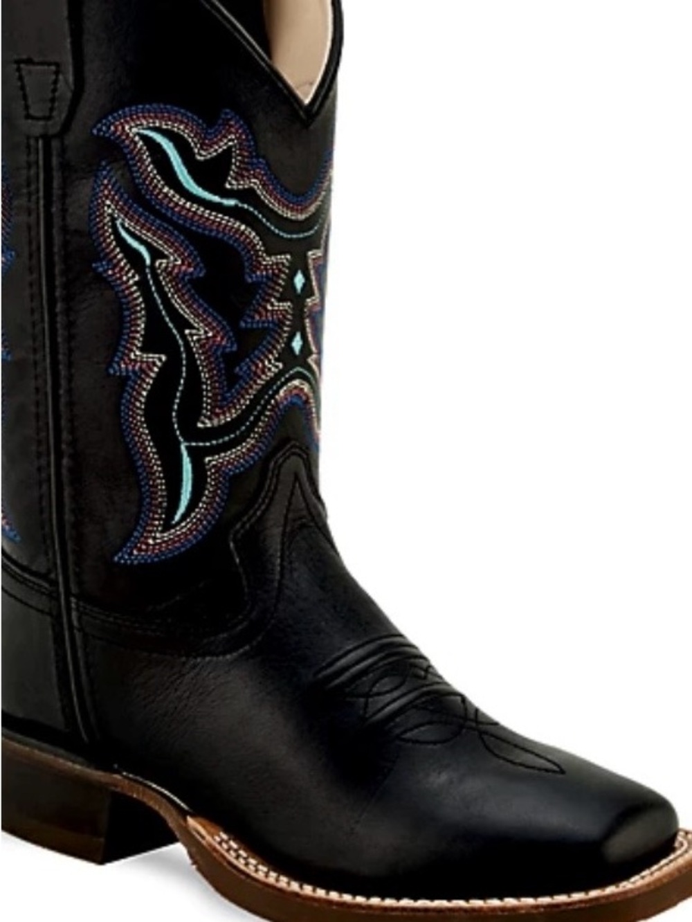 Old West Kids Broad Square Toe Black Leather Cowboy Boots - Youth Size 7